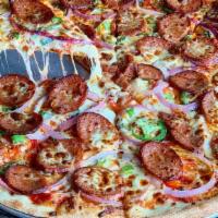 Spicy Andouille · Andouille sausage, fresh jalapeños, red onion, red peppers, and green onions.