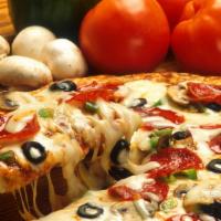 Combo · Tomato sauce, mozzarella, pepperoni, sausage, mushrooms, black olives, onions.