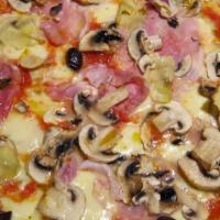 Capricciosa · Tomato sauce, fresh mozzarella, shaved Italian ham, mushrooms, artichoke hearts.