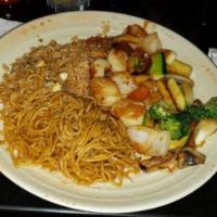 Scallop · Served with clear soup salad hibachi vegetable two pieces of hibachi shrimp white rice and n...