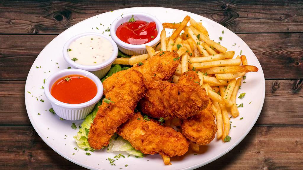 Chicken Strips And Fries · Served with Buffalo Sauce and Ranch Dressing