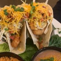 2 Shrimp Tacos · Fried Shrimp, Shredded Cheese, Salsa Fresca, Shredded Cabbage, Chipotle Ranch