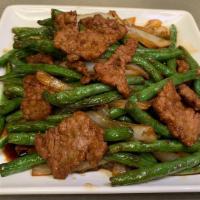 Beef With String Beans · Served with white rice.