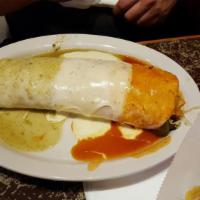 Burrito California · Caramba! The biggest burrito. Choice of grilled chicken or beef steak, with rice, beans, let...