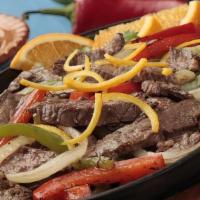Fajita Steak · Tender strips of marinated skirt steak, sautéed onions, bell peppers, and tomatoes. Served w...