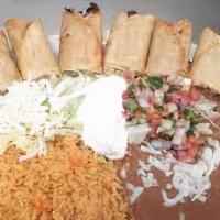 Taquitos Mexicanos · Four rolled corn tortillas stuffed with your choice of spicy chicken or beef and deep fried....