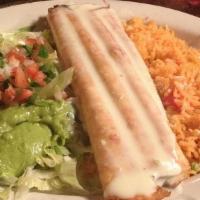 Chimichanga · A flour tortilla stuffed with your choice of filling, beef chunks, or spicy chicken, and dee...
