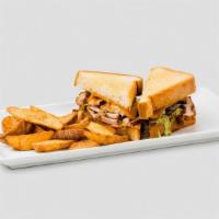 Jive Turkey Sandwich · Smoked turkey breast topped with melted cheddar, crispy onions, tomato, ranch and bbq sauce ...