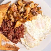 Hash & Eggs · Home fries and toast. Consuming raw or undercooked meats, poultry, seafood, shellfish, or eg...