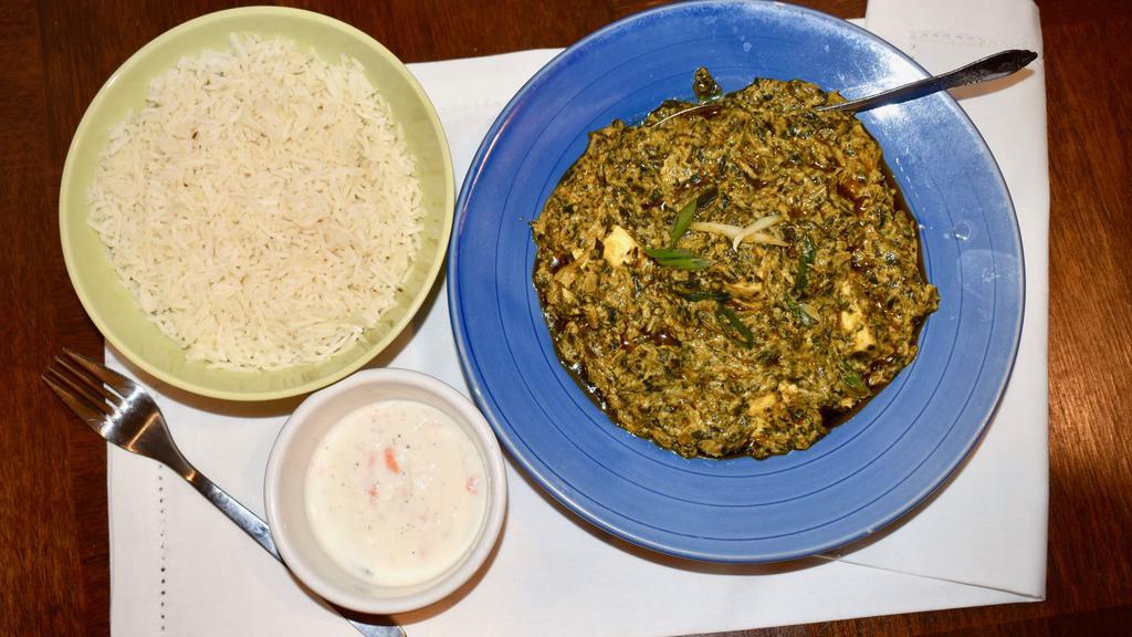 Saag Paneer · Cottage cheese, spinach, spices.