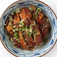 Chicken Teriyaki Bowl · House-made sweet mirin glaze on our big chicken katsu, served with your choice of steamed ri...