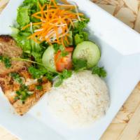 Glazed Salmon · Serve with pickled vegetables, bean sprouts, fish sauce, chopped: lettuce, mint, & cilantro ...