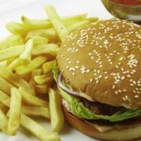 Beef Burger With Fries · Ground or chopped beef patty.