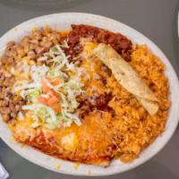 Combination Plate · 2 enchiladas 1 rolled taco chile con carne rice and whole beans. your choice of red or green...