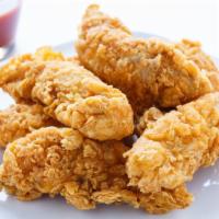 Kids Chicken Tenders · 2 crispy tenders and fries with your choice of sauce. (buffalo, ranch, honey mustard, bbq, c...