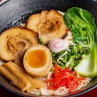 Tonkotsu Ramen · Pork broth, chashu, soft boiled egg, bok choy, pickled ginger, green onion, dried seaweed, n...