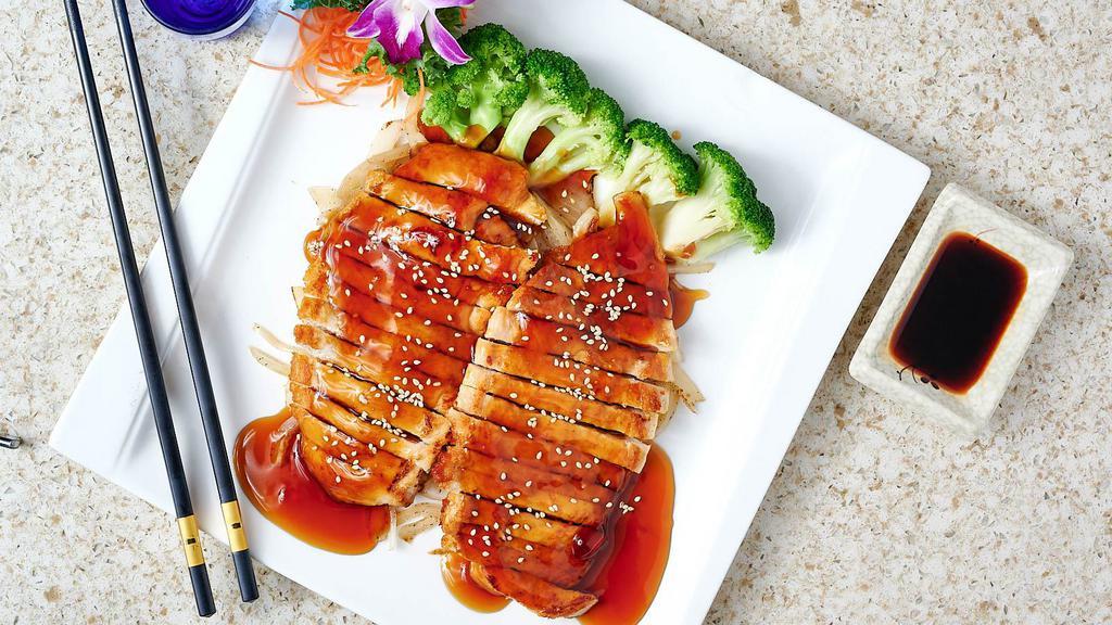 Chicken Teriyaki · Marinated in a delicate special teriyaki sauce. Served with a choice of miso soup or green salad and white rice.