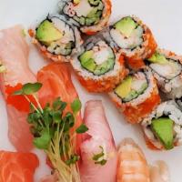 Nigiri Sushi Deluxe · 10 pieces nigiri sushi and California roll with miso soup.