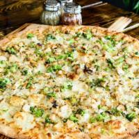 Broccoli Chicken Alfredo · Our special homemade pizza alfredo sauce with mozzarella, topped with marinated chicken brea...