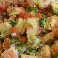 Ceviche · Fresh chilled shrimp or fish cooked in lime juice and tossed with pico de gallo and avocado.
