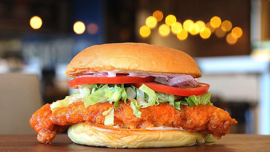 Buffalo · Fried Chicken Breast with American Cheese, Buffalo Sauce, Lettuce, Tomatoes, and Red Onion