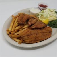 Seafood Platter · Grilled, blackened or fried piece of catfish, three shrimp, three oysters, served with fries...
