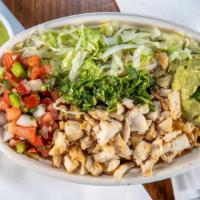 Fajita Chicken Burrito Bowl · Fajita chicken, lettuce, cilantro-lime rice, black beans, guacamole, pico de gallo, shredded...