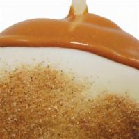 Apple Pie Caramel Apple (Item 4938) · A caramel apple dipped in white chocolate sprinkled with cinnamon and sugar.