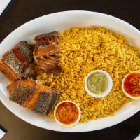 Dry Rice With Fried Cassava Fish Or 4 Meat Sticks · Dry race season race served with Fried fish