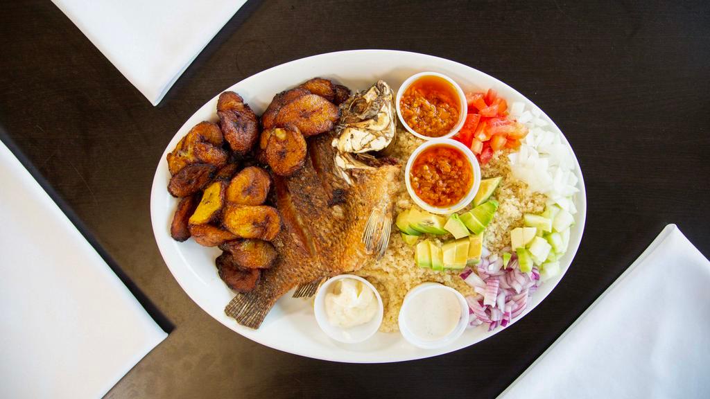 Attieke With Tilapia Fish & A Side Of Plantain/Potatoes · 