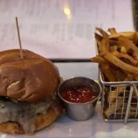 Steakhouse Wagyu Burger · Truffle aioli, portobello, sauteed onion, and Irish cheddar. French fries.