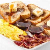 French Toast Platter · Comes With 3 French Toast, Eggs, Bacon & Batters.