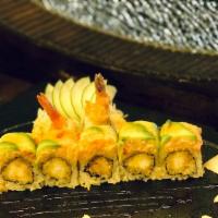 Sweet Mom Roll · Shrimp tempura inside, topped with lobster salad, avocado, and sweet chili sauce