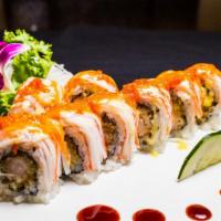 Waterfall Roll · Shrimp tempura inside topped with crabstick, scallops, masago, spicy mayo, and honey wasabi