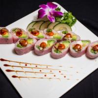 Pink Lady · 10 pcs. Tempura lobster, asparagus, cream cheese, and avocado wrapped with pink soy paper, f...