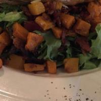 Harvest Salad · Mixed greens, warmed butternut squash, chopped bacon, shaved parmesan, craisins,
maple infus...