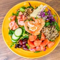 Waltz Salad · Mesclun mix, Romaine, Arugula, Spinach, Shrimp, walnut, Watermellon, quinoa & brown rice, cu...