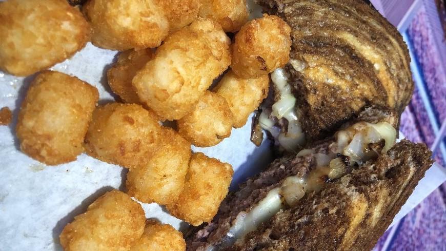 Patty Melt · Traditional patty melt, with grilled onions and topped with Swiss cheese on marble rye.