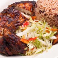 Jerk Chicken (Small) · Juicy grilled all natural jerk chicken drumsticks with a delicious Caribbean Rice and Beans,...
