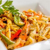 Rasta Pasta · Our Rasta Pasta is a colorful pasta dish made with a variety of bell peppers, creamy sauce a...