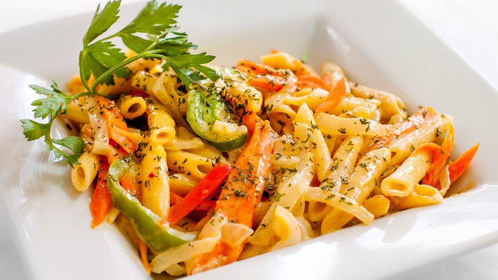 Rasta Pasta · Our Rasta Pasta is a colorful pasta dish made with a variety of bell peppers, creamy sauce and Caribbean seasonings.
