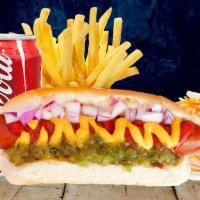 Hot Dog - Plate · 2 sides and drink. Choice of slaw, onions, cheese, relish, ketchup, mustard, jalapeños, toma...