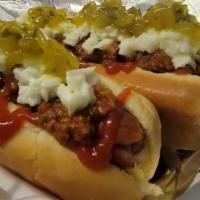 Hot Dog · Choice of slaw, onions, cheese, relish, ketchup, mustard, jalapeños, tomato, chili.