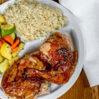 Half Roasted Chicken Meal · Half chicken served with two sides and pita (G/D/E)