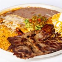 Acapulco Combo · Grilled steak, one chile relleno, one deep-fried chicken burrito, rice, beans, sour cream gu...