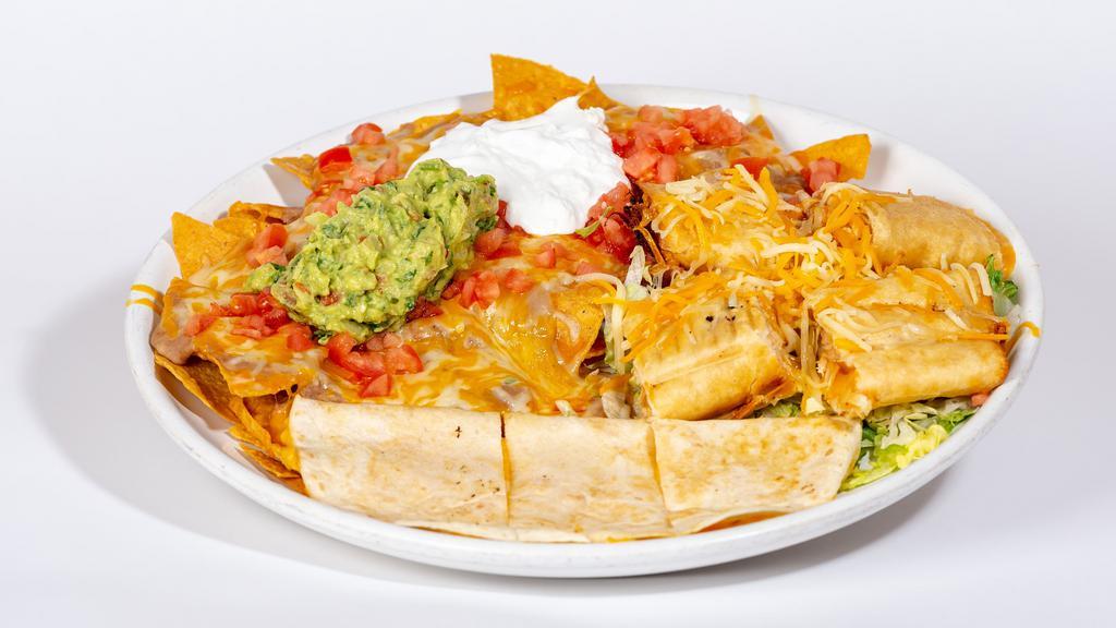 Combo Appetizer · Our combination of nachos, cheese quesadilla and chicken taquitos served with lettuce, tomatoes, cheese, guacamole and sour cream.