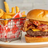 Give Me Bacon · Cheese Burger, Bacon, Tomato, Red onion, &  Pickles