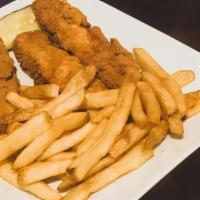 Chicken Strips · 4 crispy strips, fries, choice of sauce