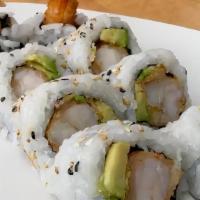 Shrimp Tempura Roll · Inside out roll with tempura shrimp, avocado, cucumber, spicy mayo, sweet soy, and tempura c...