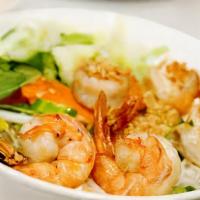 Bun Tom Nuong Va Cha Gio · Rice Vermicelli with grilled shrimp and egg rolls